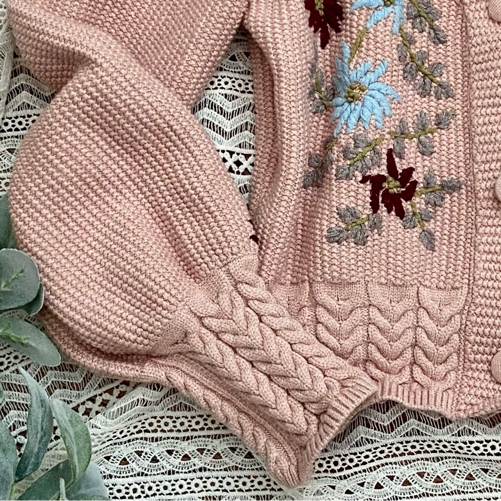 Embroidered Cardigan Floral 3 Button by Allison New York PEACHY-PINK COLOR - Picture 4 of 9